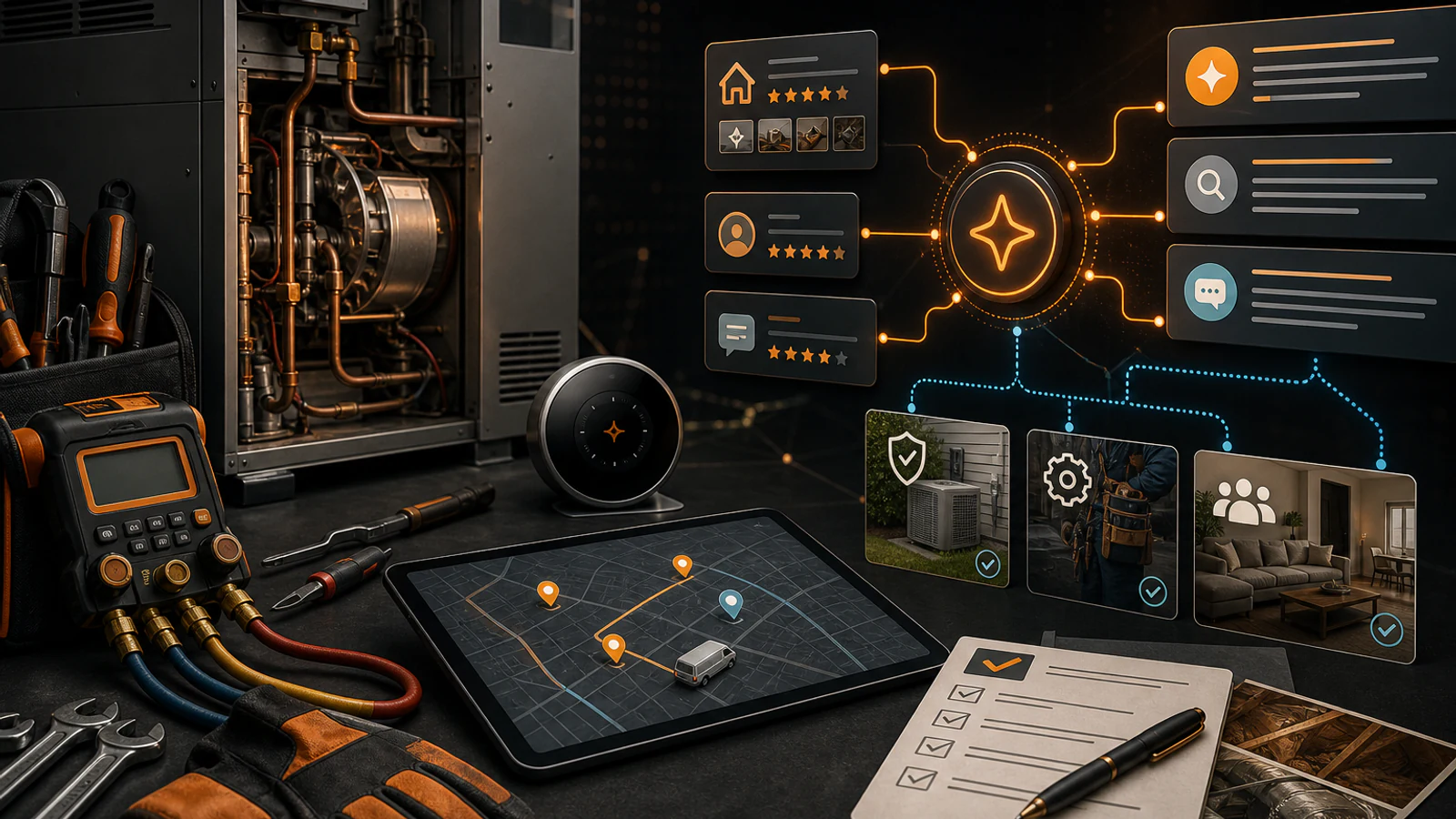 HVAC contractor evidence field linking verified service coverage, equipment guidance, and customer action