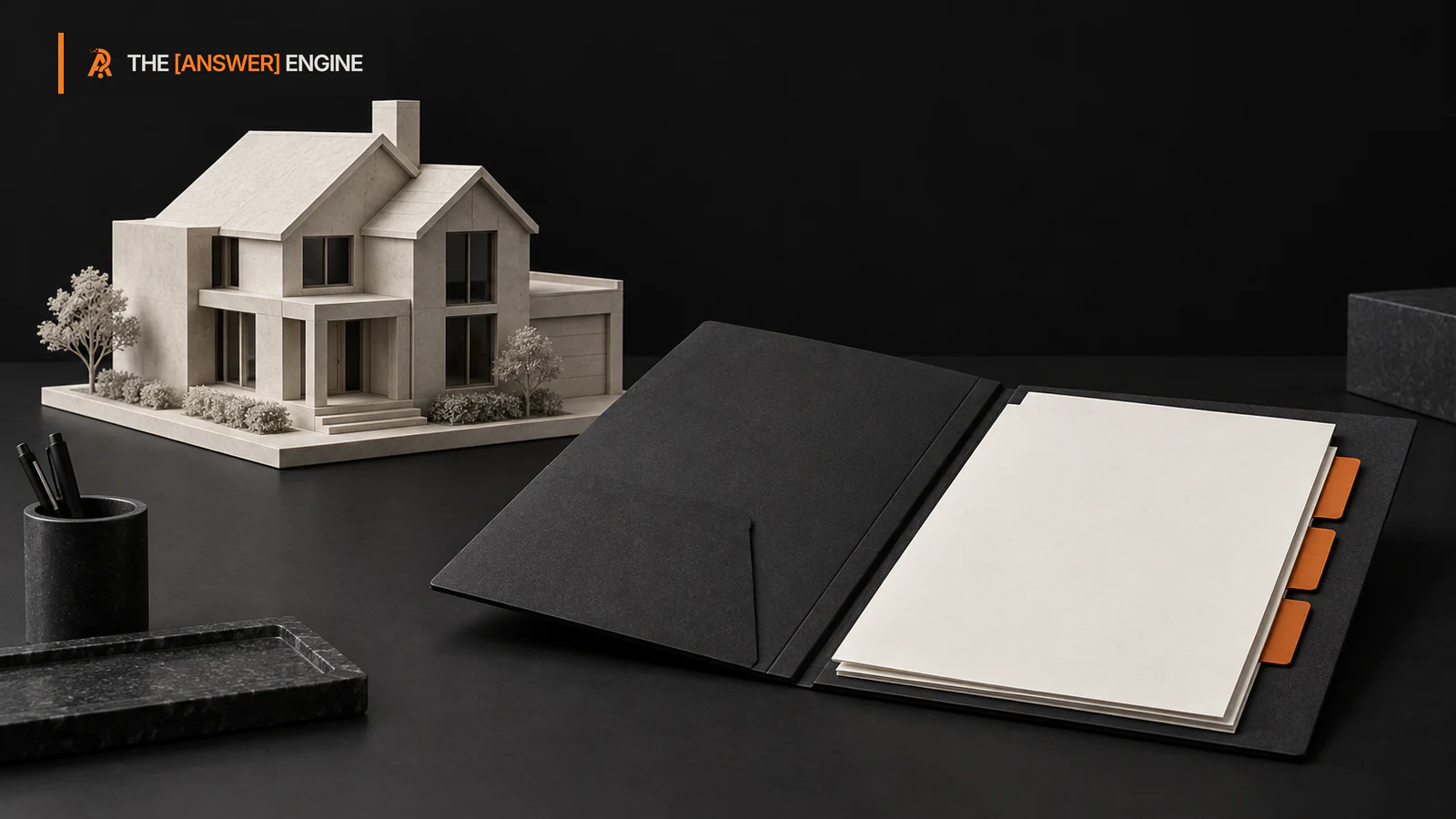 AE-branded editorial illustration of a warm stone model house beside an open charcoal folio with unlabeled pages and orange tabs.