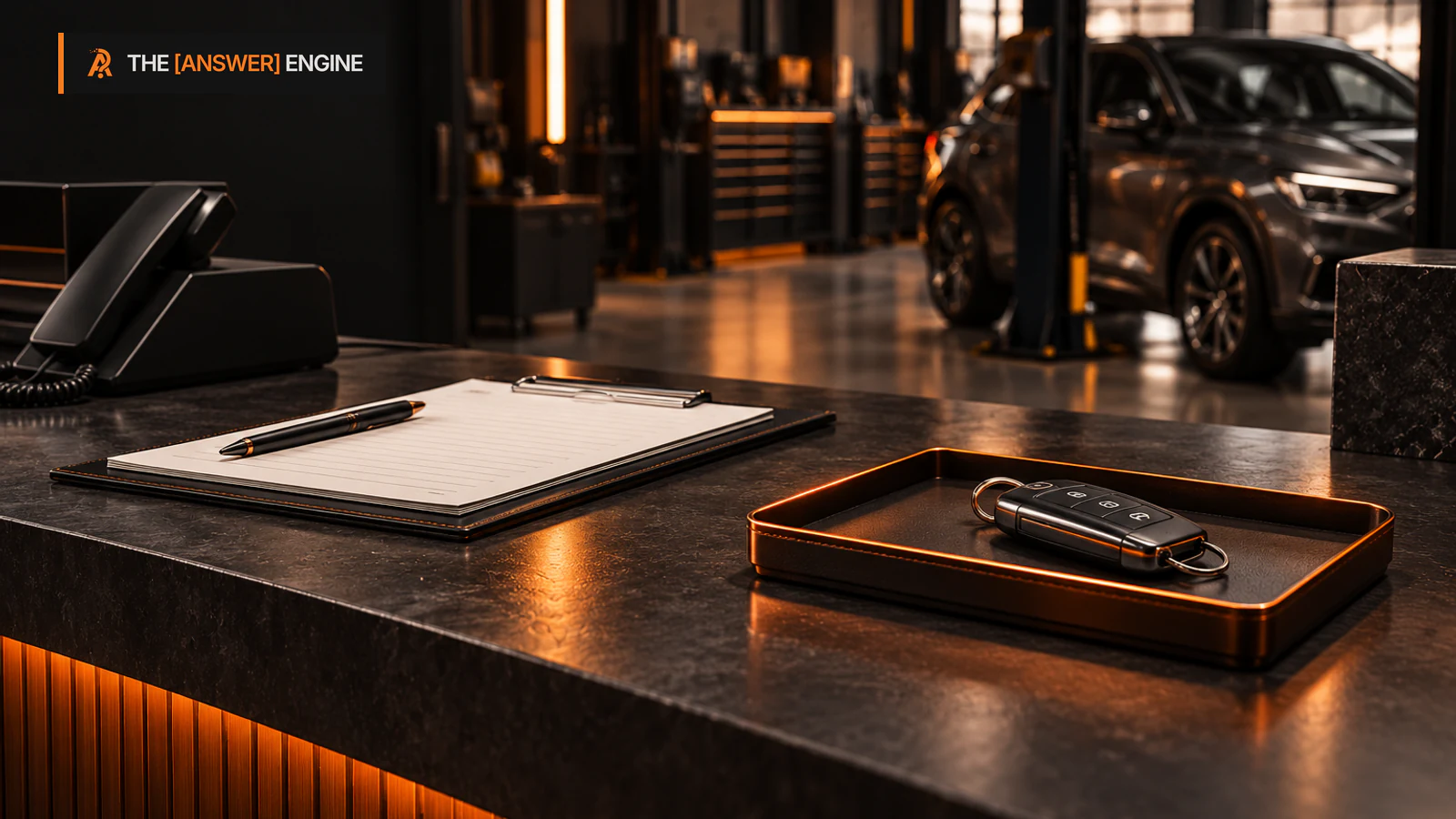Car key, appointment ledger and telephone at an auto repair service counter.