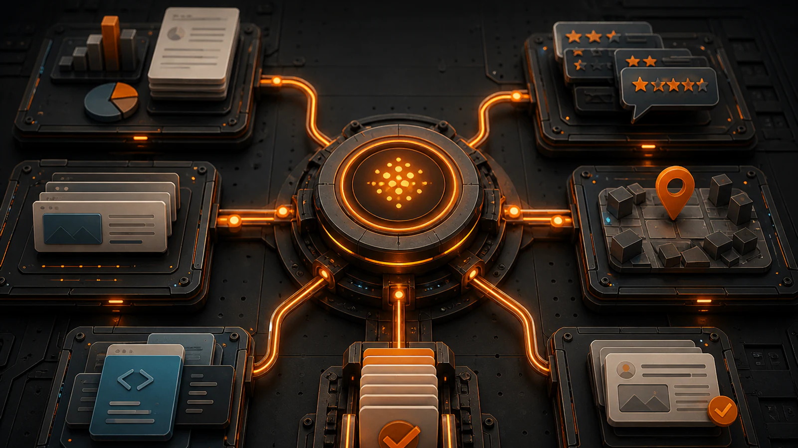 Featured editorial art showing an owned influenced and uncontrollable AI search signal matrix
