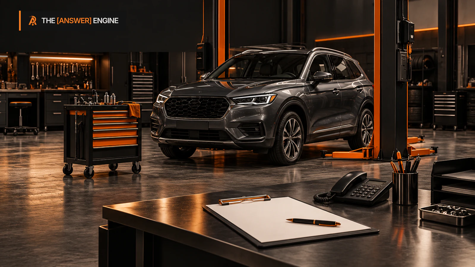 Auto repair workshop with a service counter, vehicle and inquiry paperwork.