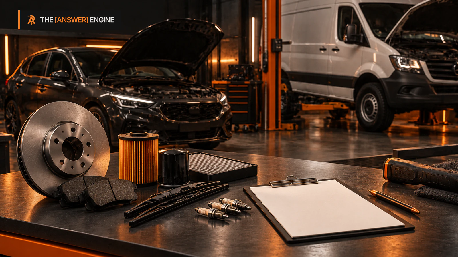 Auto shop vehicle and service scope illustrated with a car, van and parts.