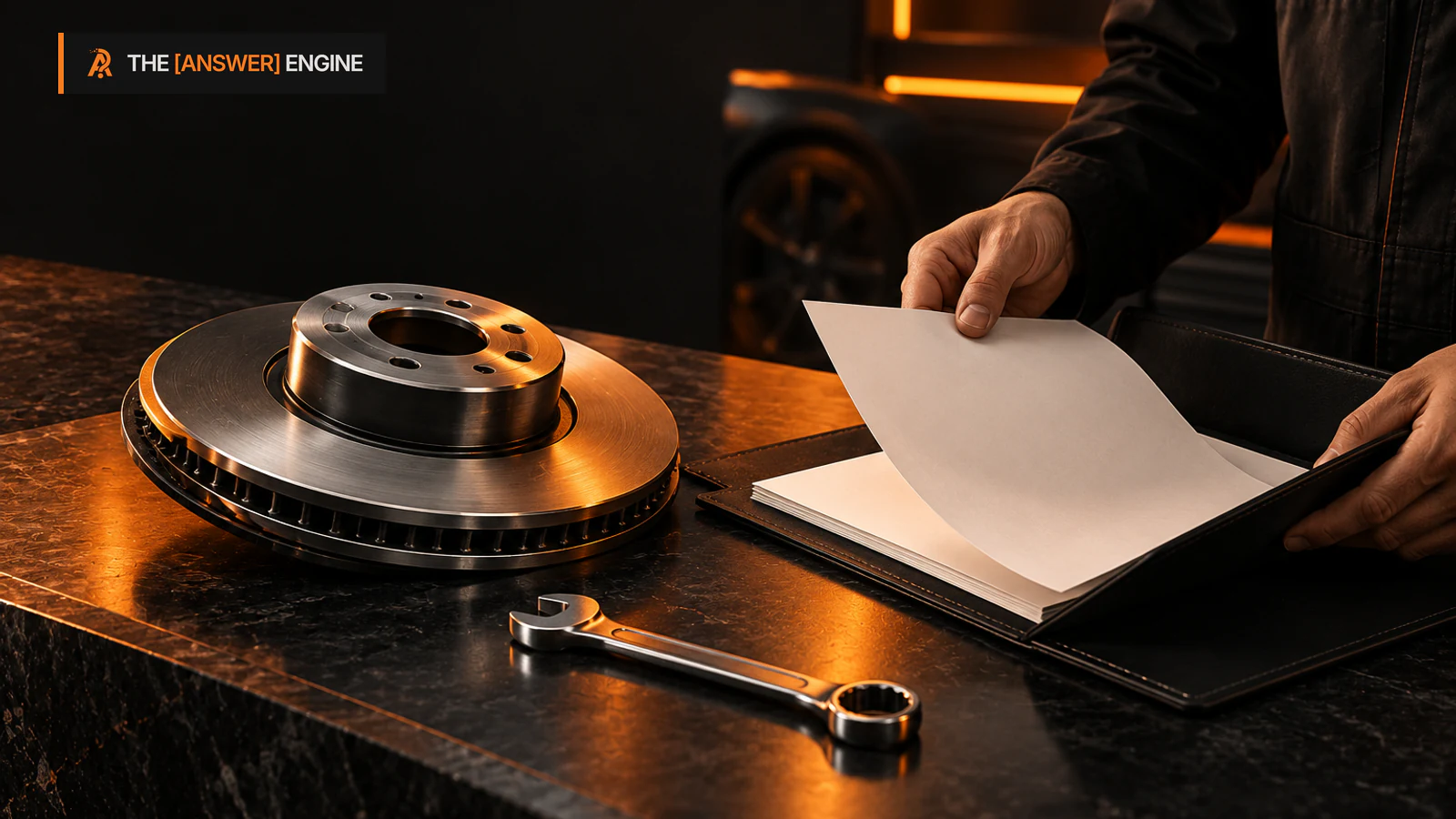 Replacement automotive part and blank written warranty paperwork at a service counter.