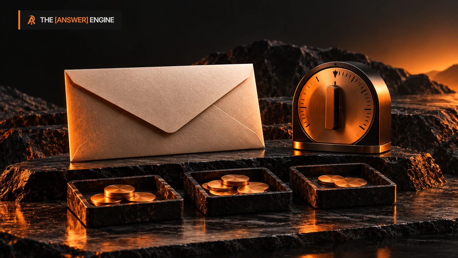 Editorial budget envelope, mechanical timer and trays of copper tokens, illustrating a bounded advertising test.