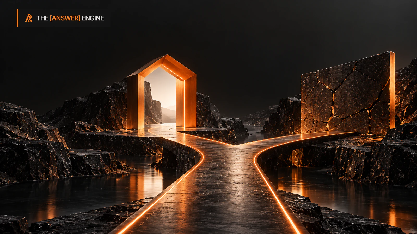 Editorial stone path splitting toward an open doorway and a blocked wall, illustrating relevant and mismatched page destinations.