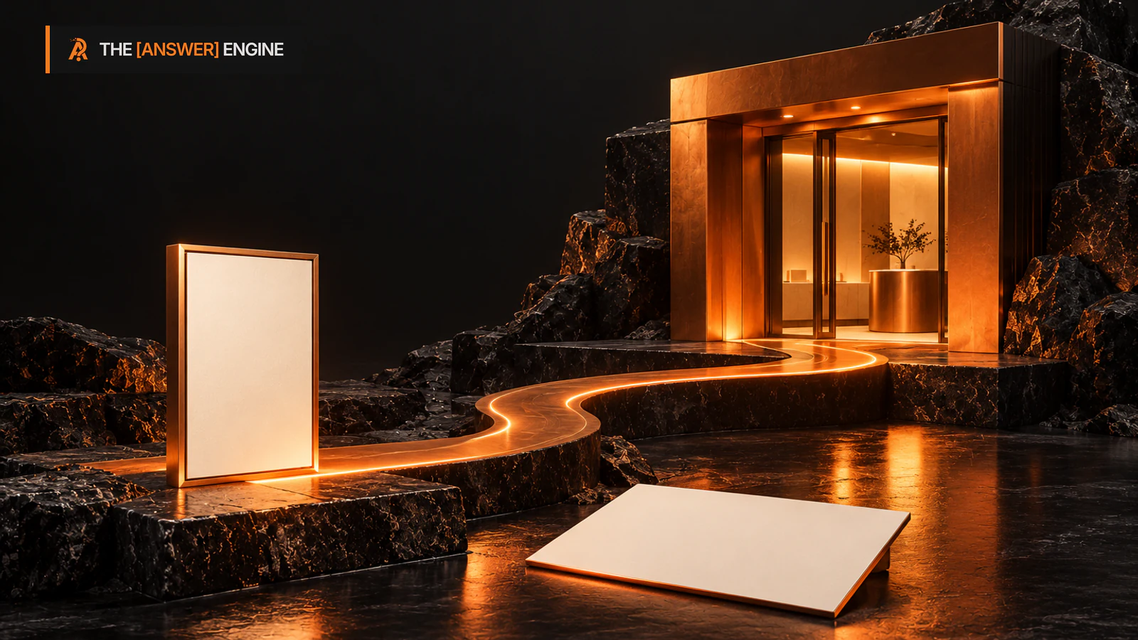 Editorial blank advertising cards and a storefront linked by a copper path, illustrating an ad and destination comparison.