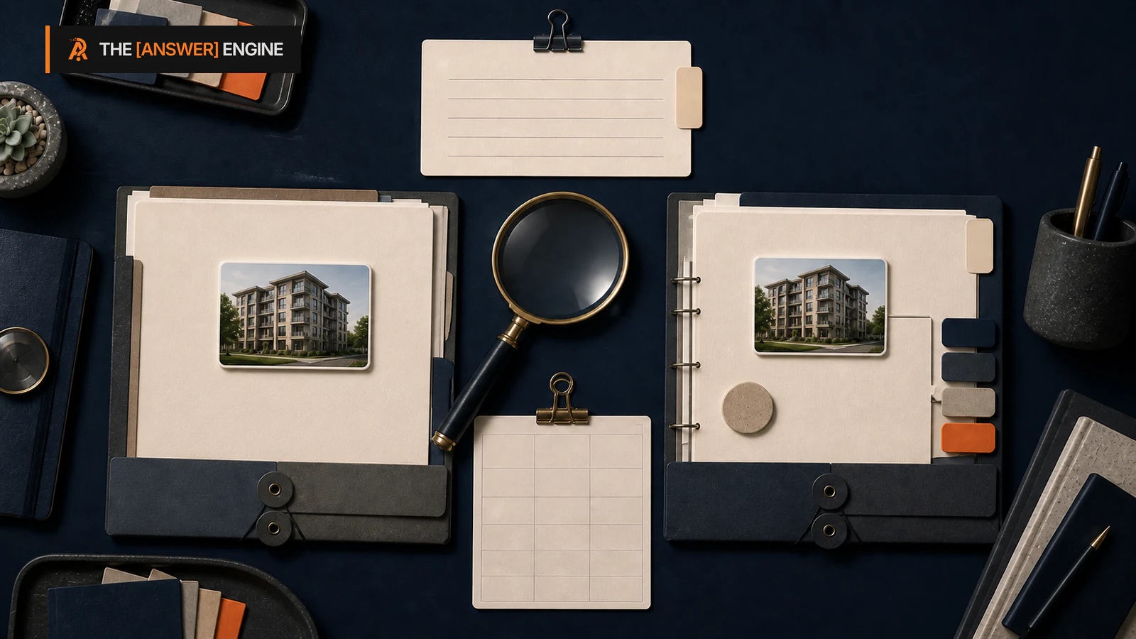 AE-branded editorial illustration of two apartment brokerage evidence dossiers compared through a magnifying glass