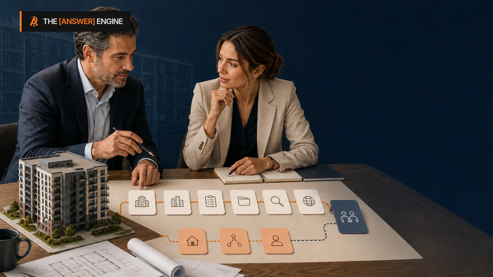 AE branded editorial illustration of a commercial mortgage broker mapping multifamily property, capital need, underwriting questions, and licensed market