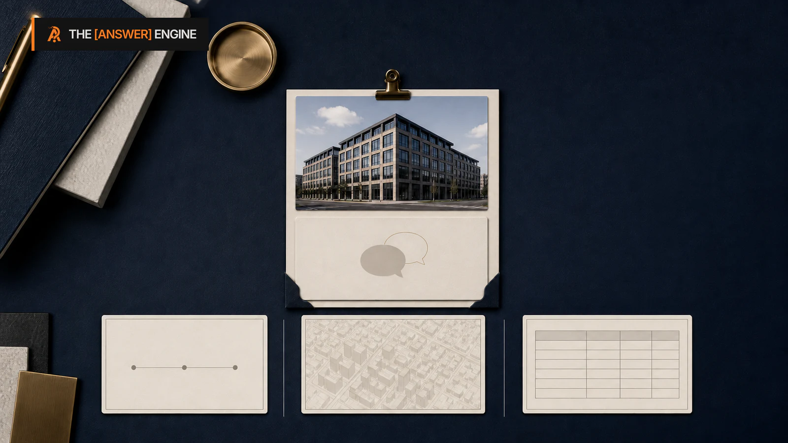 AE branded editorial illustration of a commercial-property seller consultation card connected to separate voluntary discovery, market context, and attribution evidence records