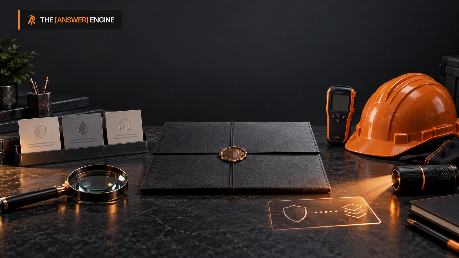 AE branded editorial still life of restoration credential records, verification seals, field equipment, and orange evidence connections without readable certificate text