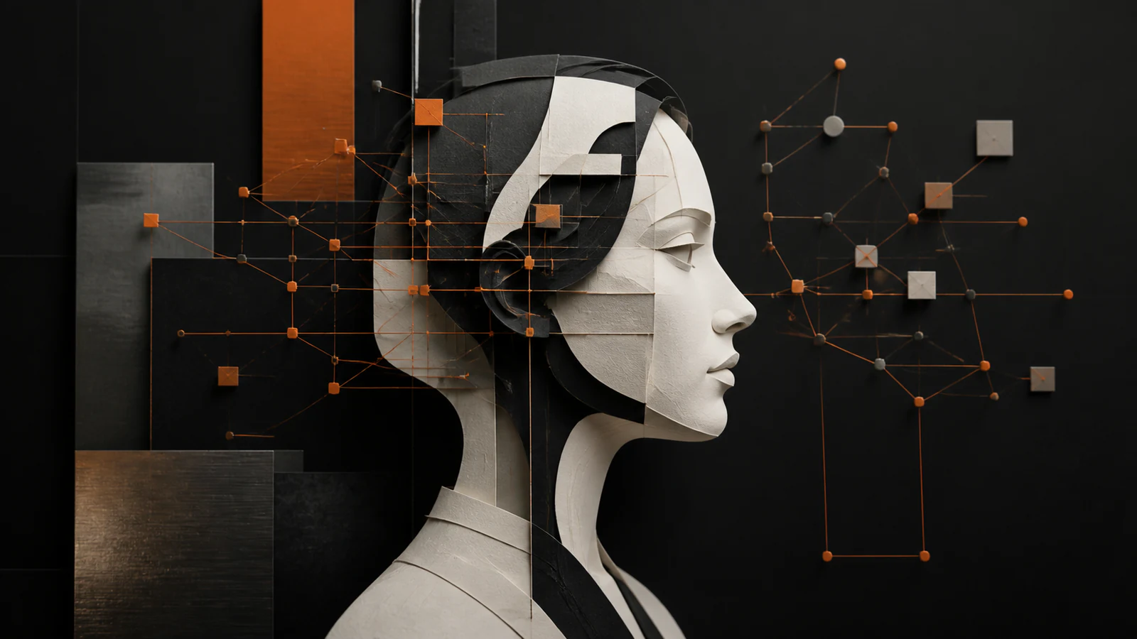 Sculptural professional profile assembled from evidence layers and connected to an orange signal network