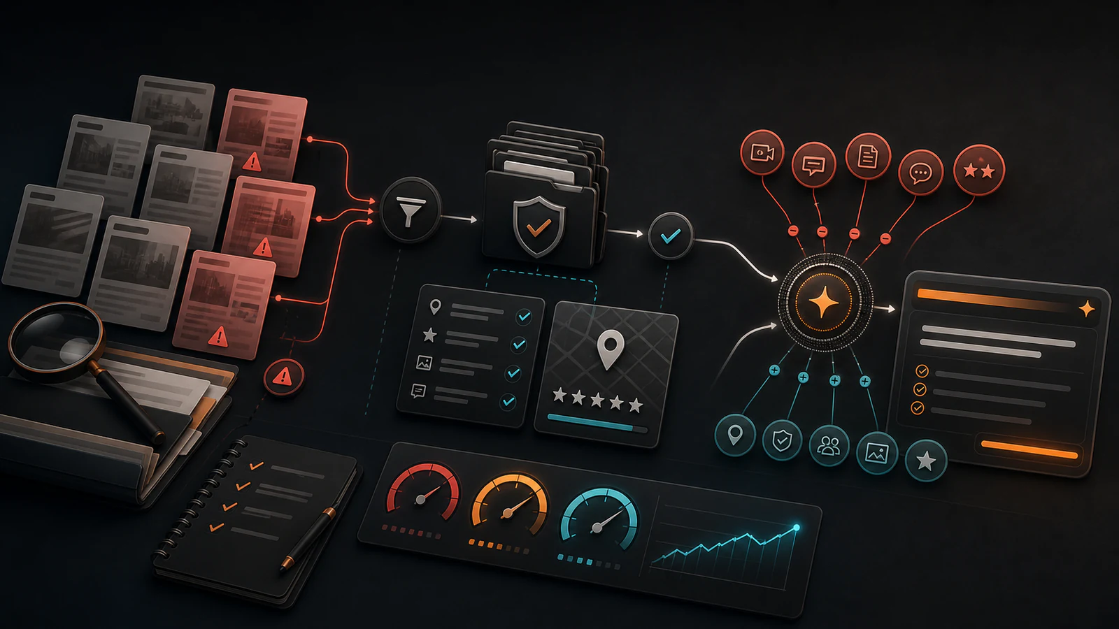 Featured editorial art showing a source-provenance workflow for negative press and AI search