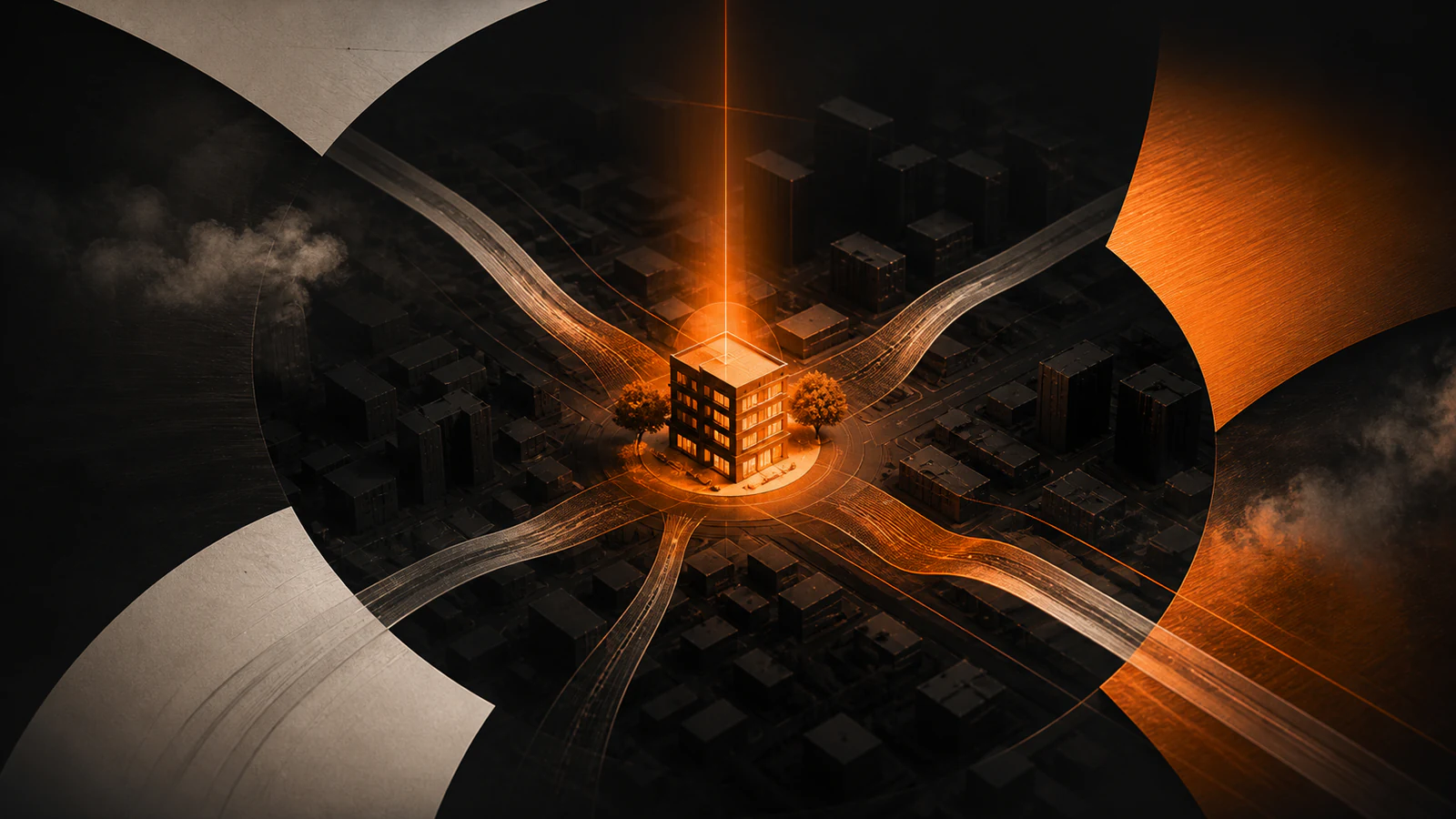 Abstract city grid with search paths converging on one illuminated property-management building