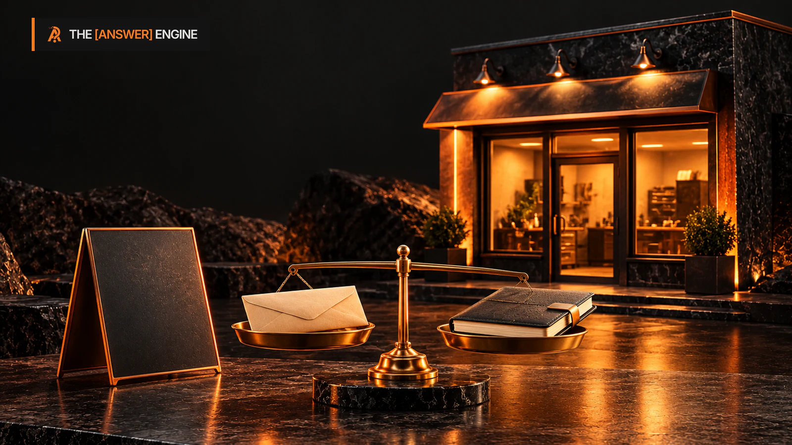 Editorial miniature service storefront with a balance weighing a budget envelope and appointment notebook, illustrating a pilot decision.