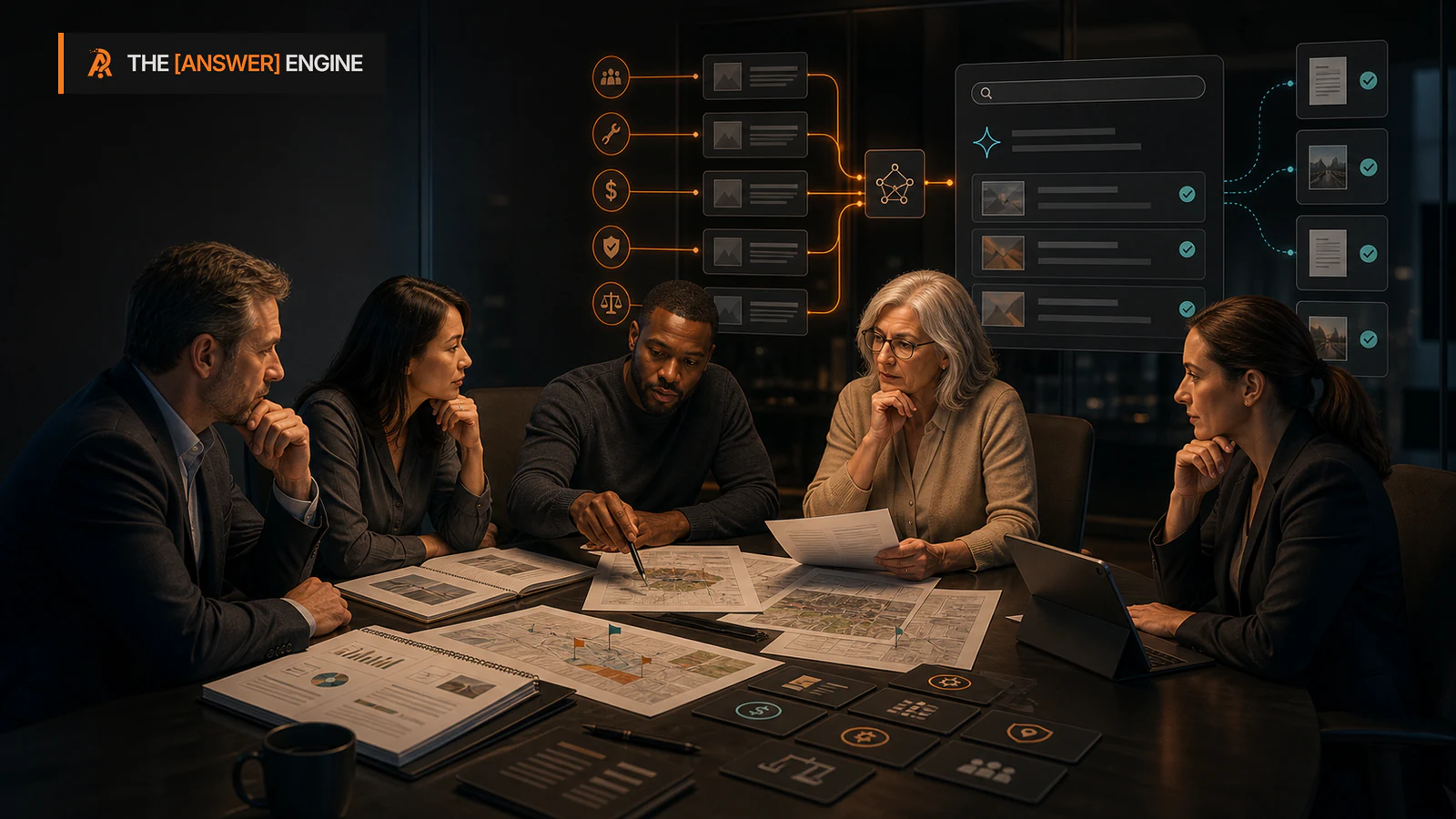 AE branded editorial illustration of an HOA board reviewing sourced management guidance through an AI search interface