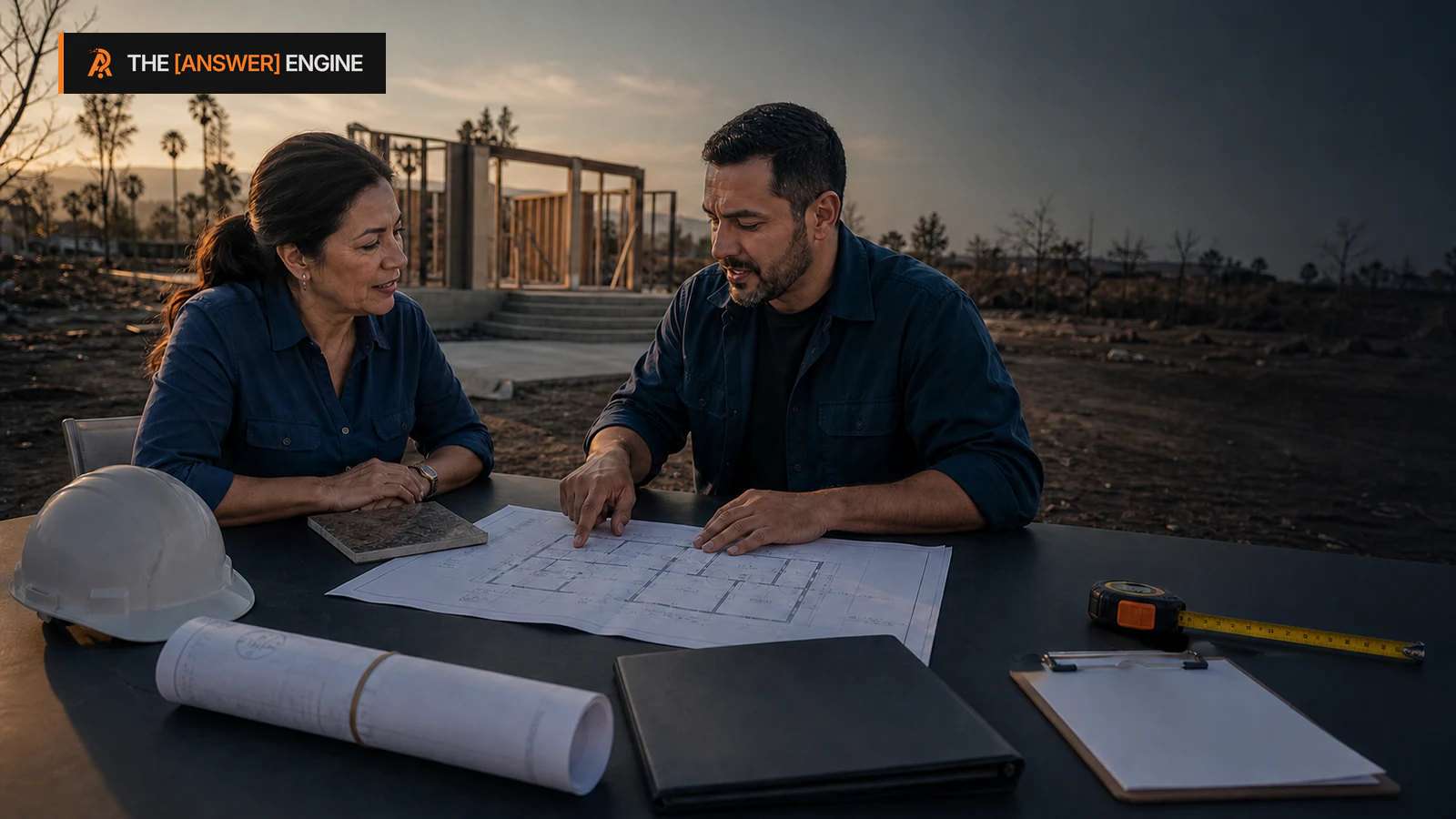 AE branded editorial illustration of a home builder mapping official safety, permit, insurance, contractor, and inspection sources for wildfire rebuilding