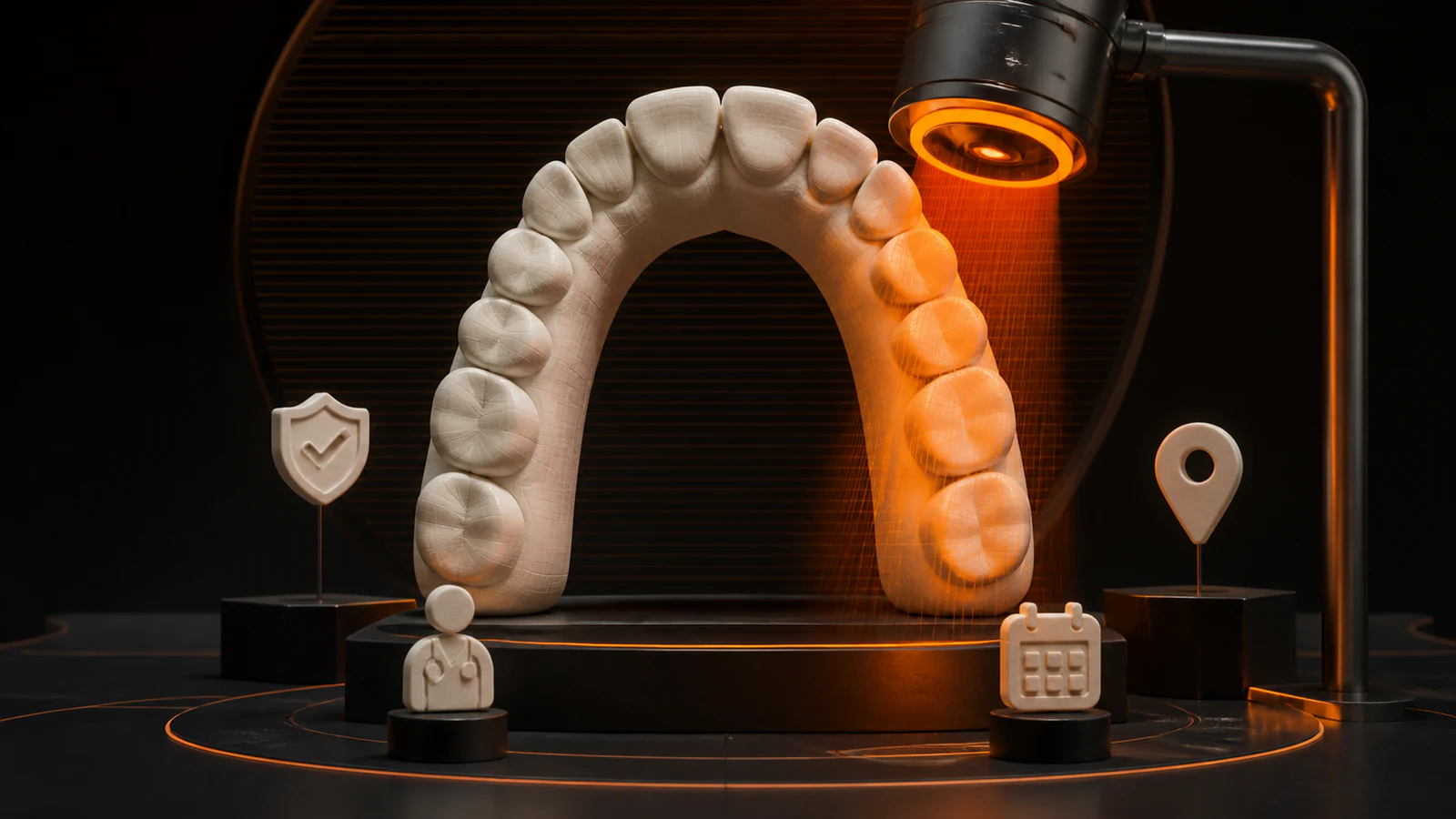 Architectural dental arch illuminated by a precision beam and surrounded by trust and access markers