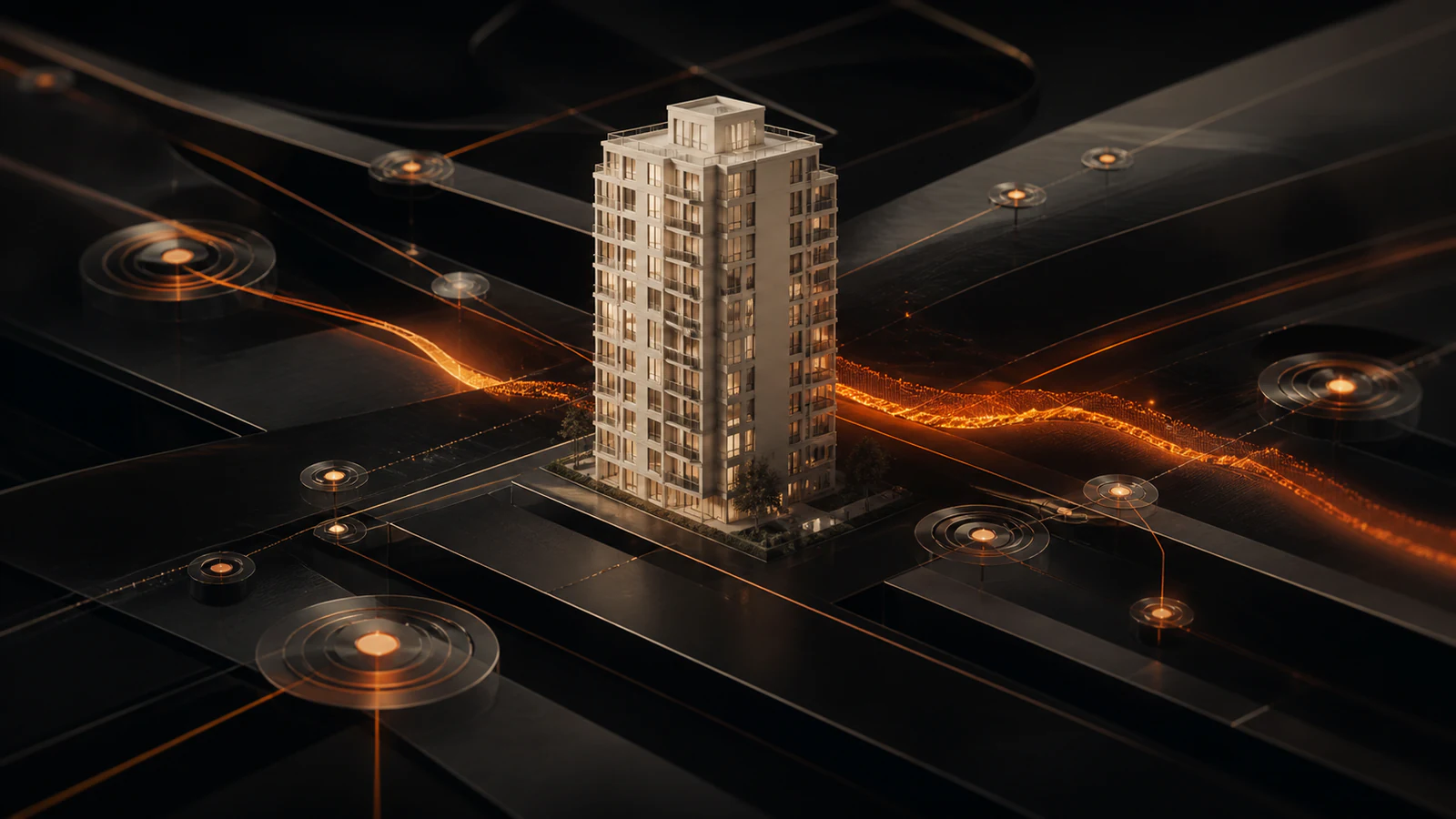 Ivory apartment tower resolved inside a dark real-time communications signal field