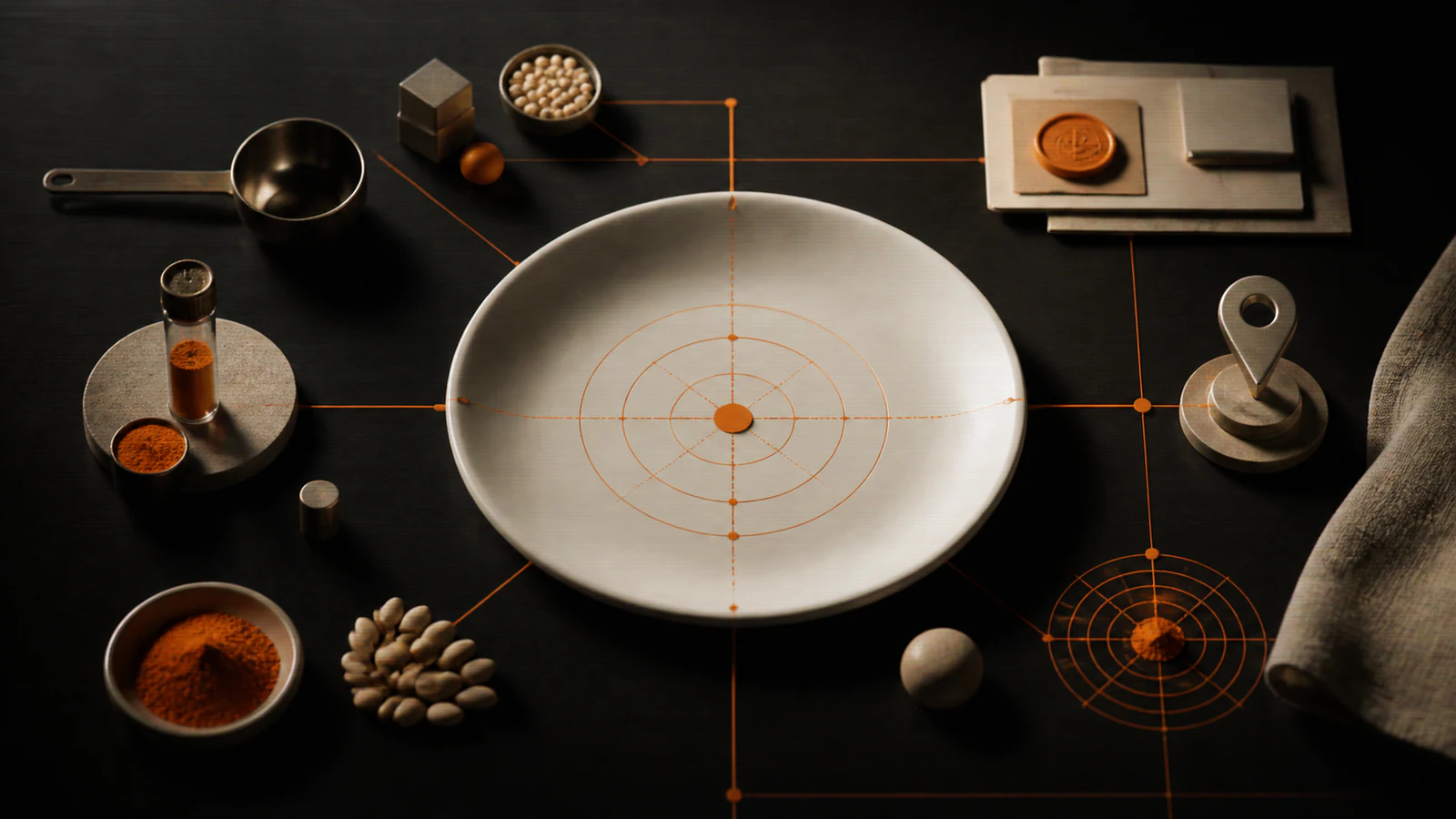 Clinical editorial still life connecting a measured nutrition plate to credential and location signals