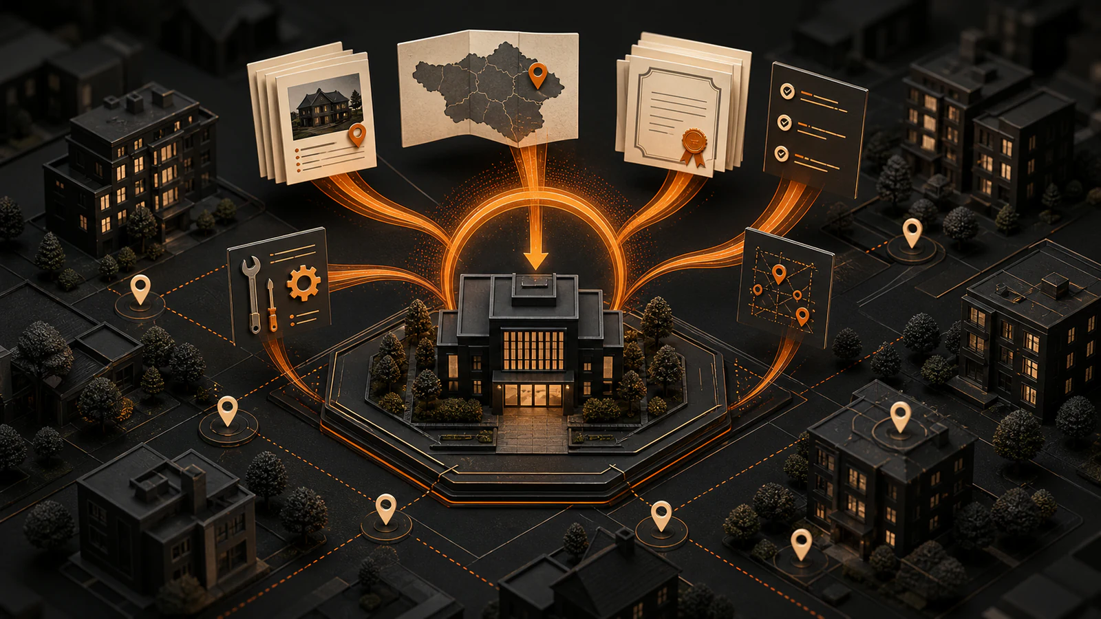 Featured editorial art for how property management companies get cited on chatgpt showing an evidence-led AI search research field