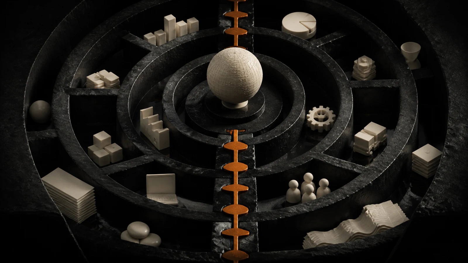 Concentric knowledge archive organizing business artifacts around one indexed central structure