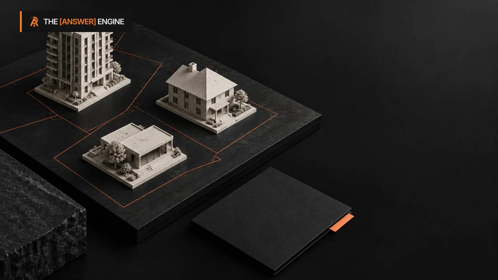 AE-branded editorial illustration of three warm stone property models on a charcoal territory board with fine orange boundary lines and a dark folio with an orange tab.