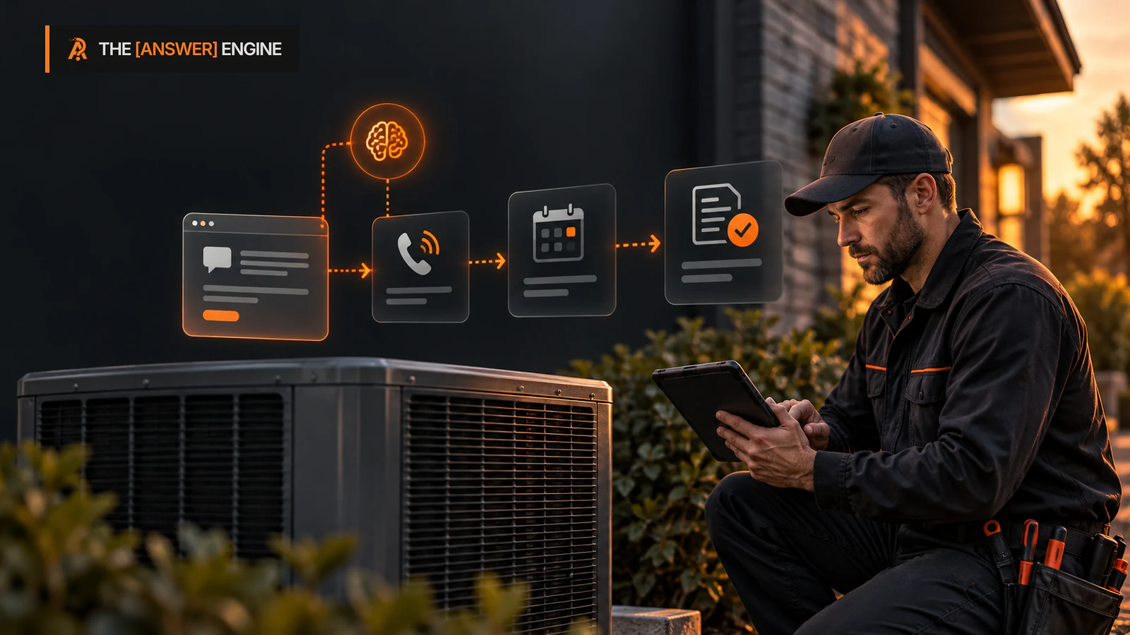 AE branded editorial illustration of HVAC equipment connected to a phone intake record, booking calendar, and completed work order by a cautious orange attribution path