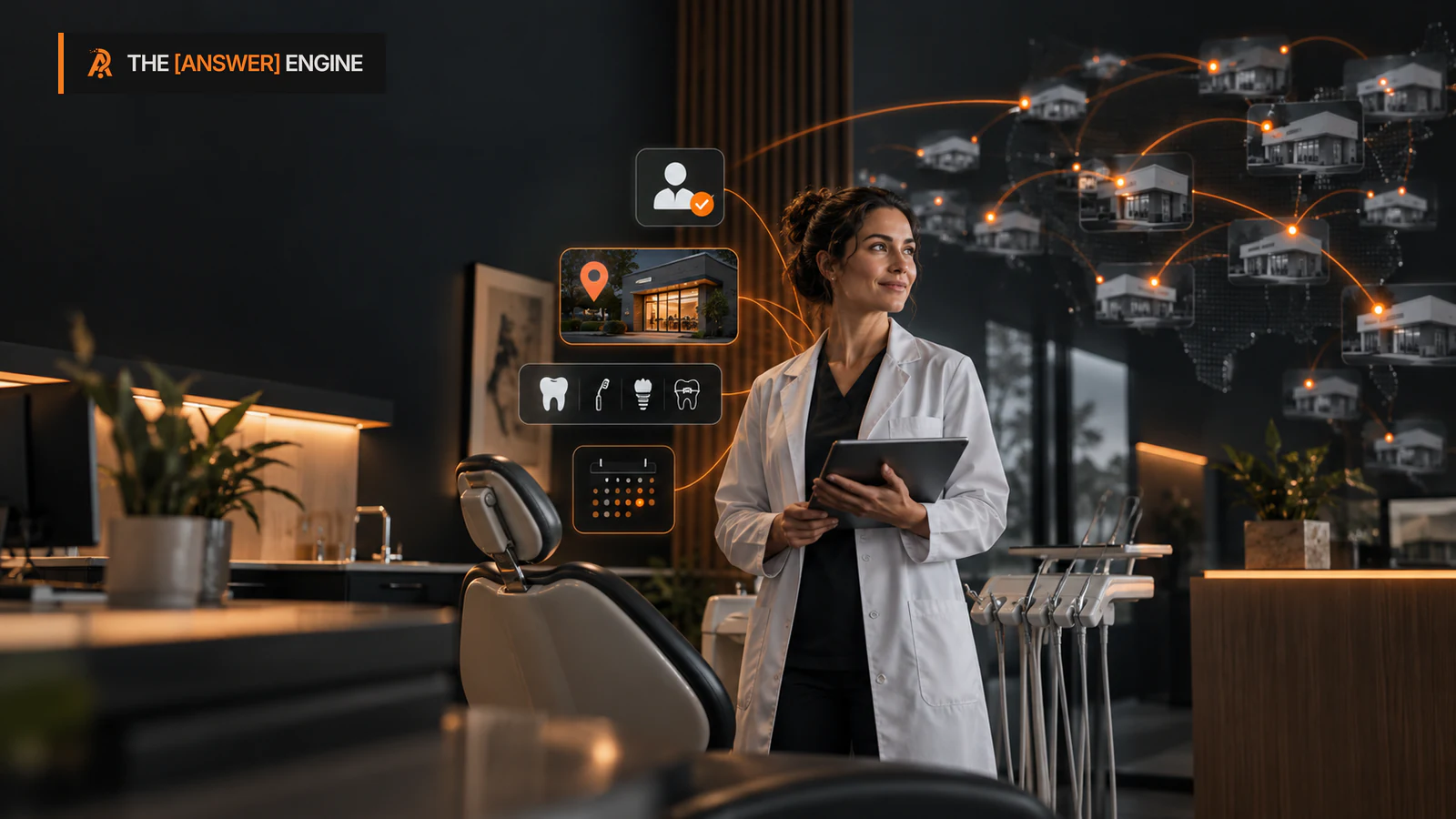 AE branded editorial illustration of an independent dental operatory, implant model, provider record, and local verification signals set against a distant clinic network