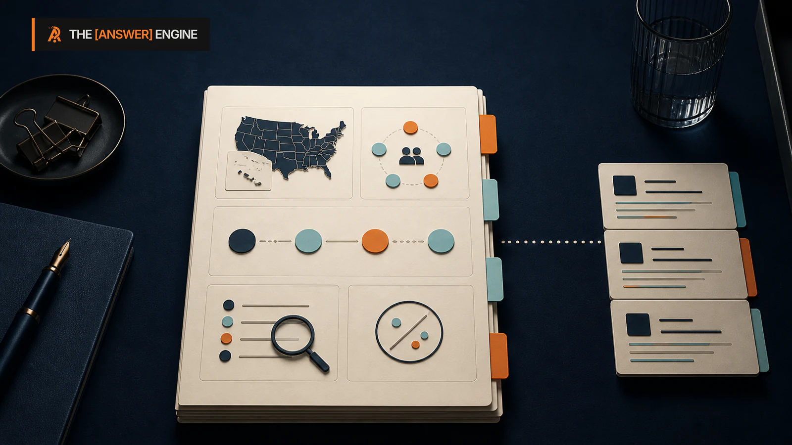 AE branded editorial illustration of a law firm's reviewed first-party guidance folio connected to bounded directory profile cards