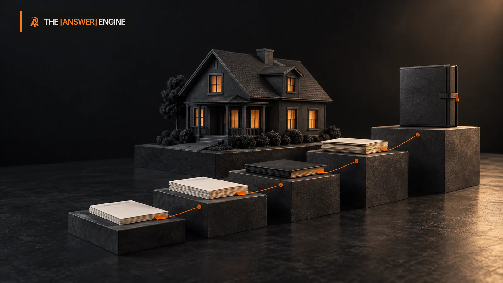 AE-branded editorial illustration of a charcoal model house beside stepped square plinths holding unlabeled paper references and a closed plain folio, linked by a thin orange guide line.