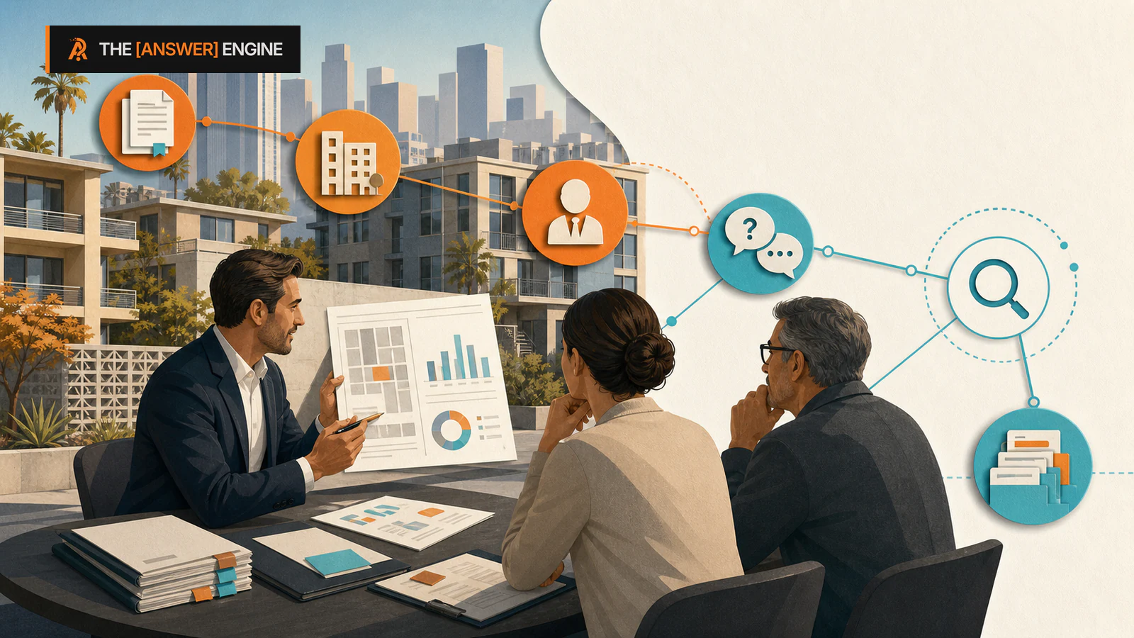 AE branded editorial illustration of a Los Angeles multifamily broker presenting source-labeled property evidence to apartment owners