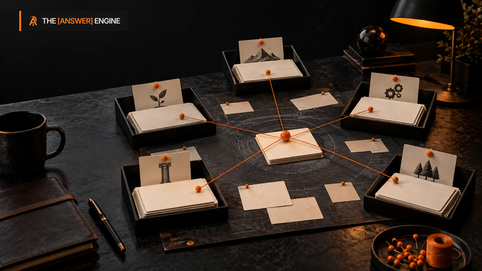 AE branded editorial illustration for how do you map questions into a content cluster?