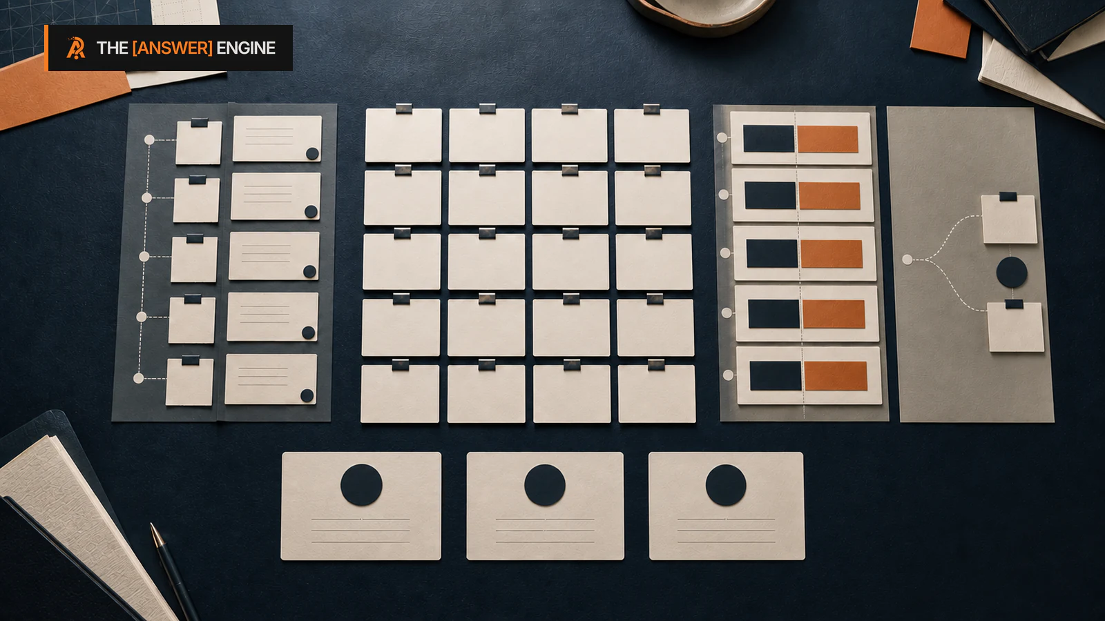 AE branded editorial illustration of a neutral zero-click observation matrix with parallel evidence lanes and equal confidence cards