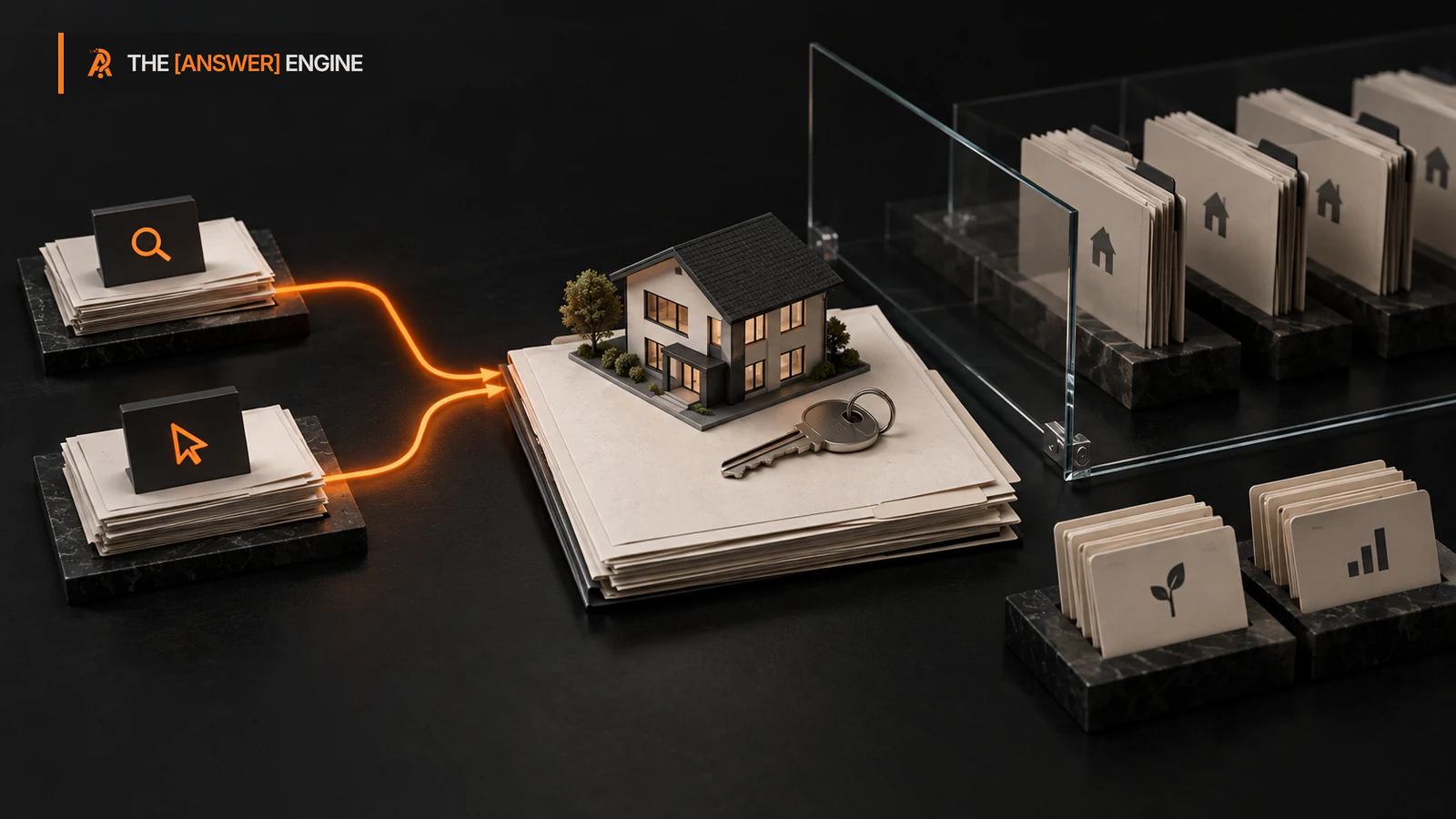 AE branded editorial illustration of a house model and key on an inquiry dossier, orange discovery paths, and mortgage-process files separated by a clear partition