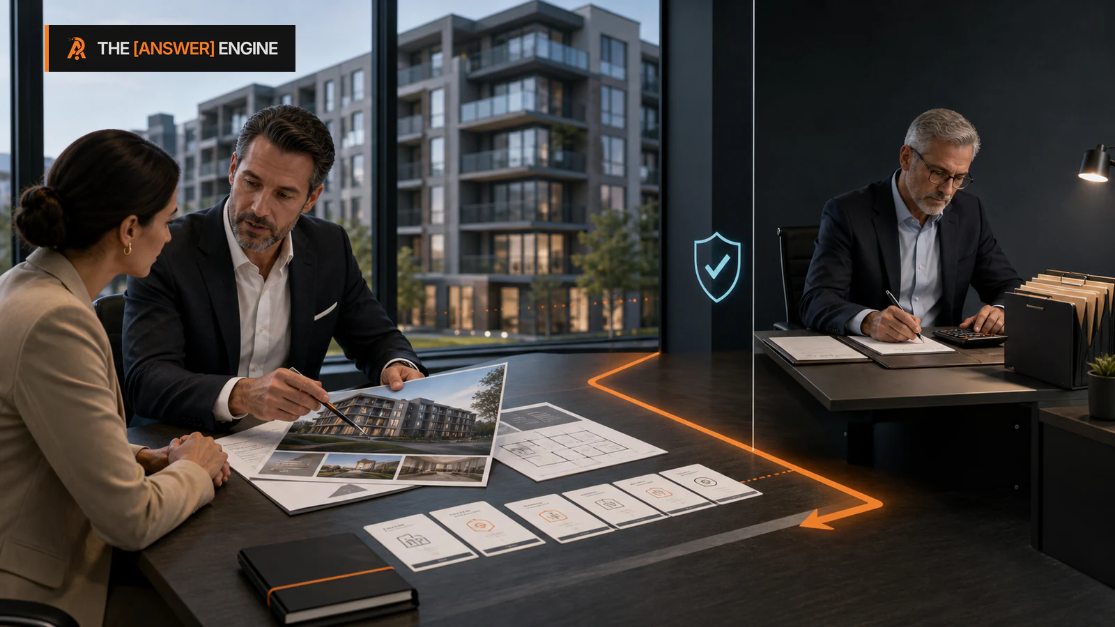 AE branded editorial illustration of a multifamily broker separating property transaction guidance from tax professional review