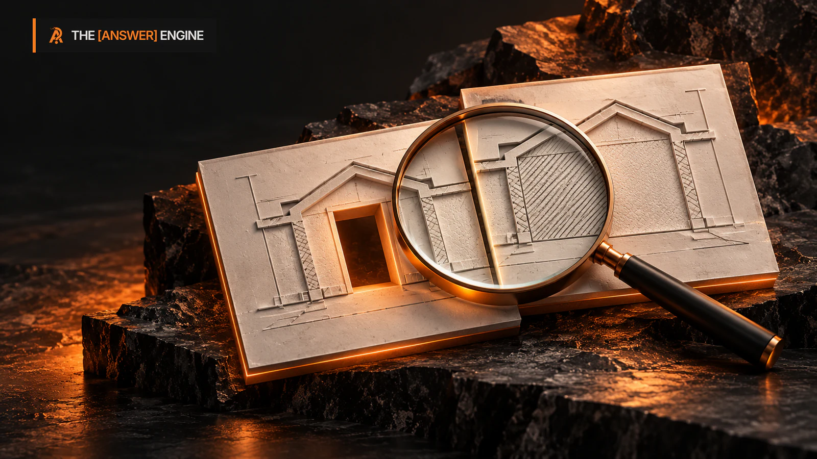 Editorial relief panels showing an open doorway and a solid wall beneath a magnifier, illustrating disagreement between page facts and markup.