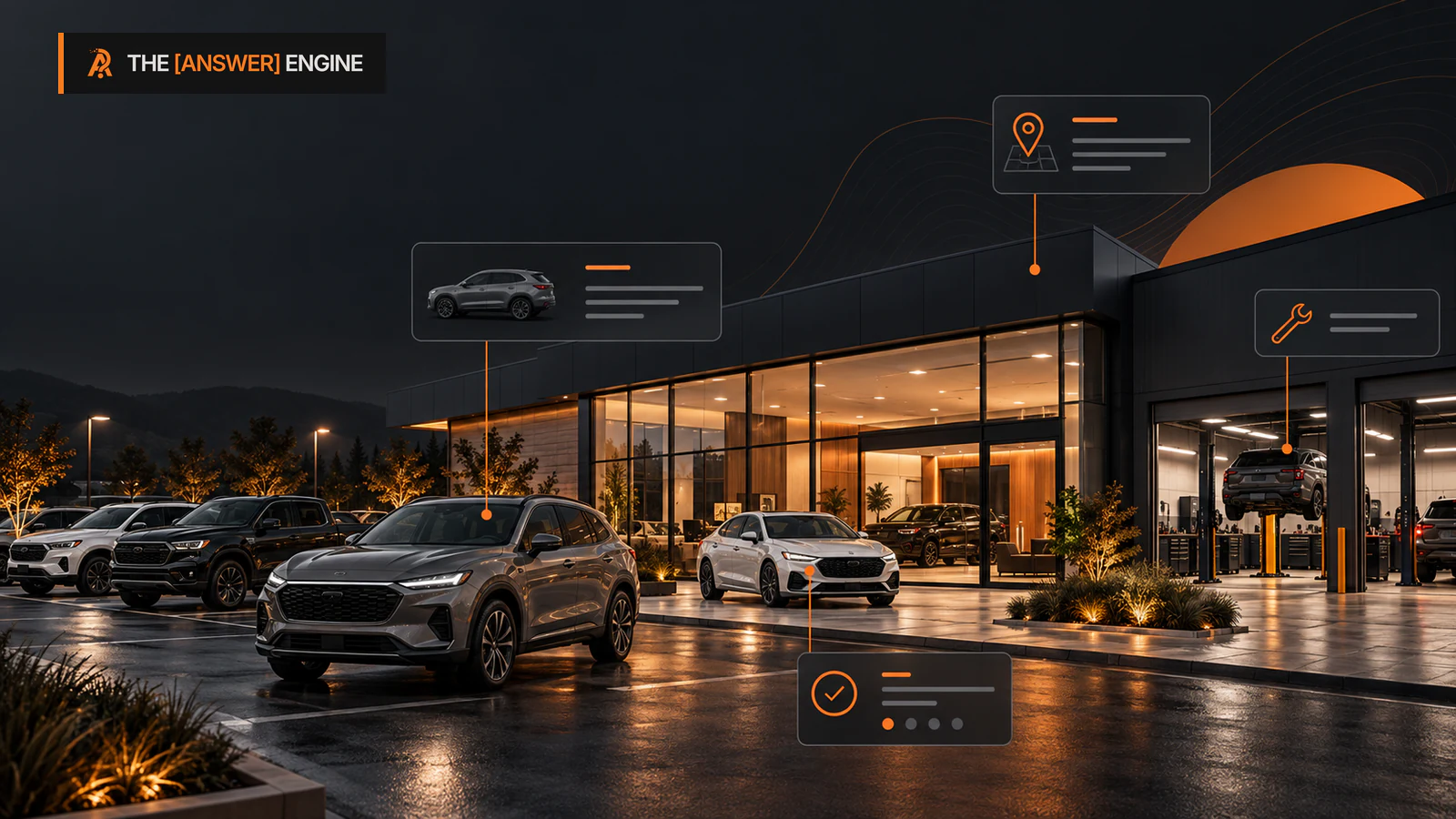 AE branded editorial illustration of a dark dealership with organized vehicle inventory, abstract model cards, service bays, and orange location markers