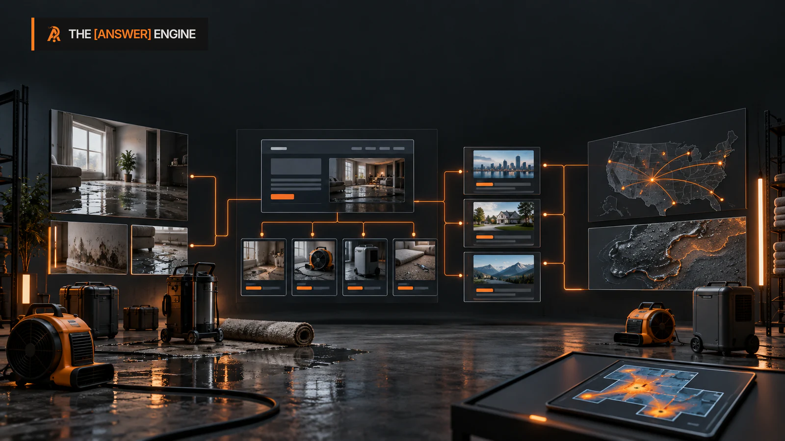 AE branded editorial cutaway of a building with clearly separated restoration service zones, diagnostic tools, and orange information pathways