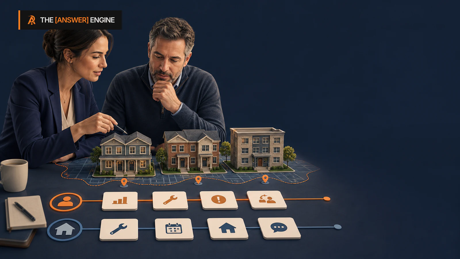 AE branded editorial illustration of a property manager showing a multi-rental owner how portfolio fit, service territory, and operating proof connect