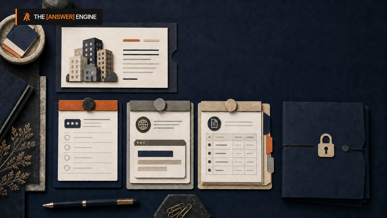 AE-branded editorial illustration of a property card, separate source and attribution sheets, and a locked binder