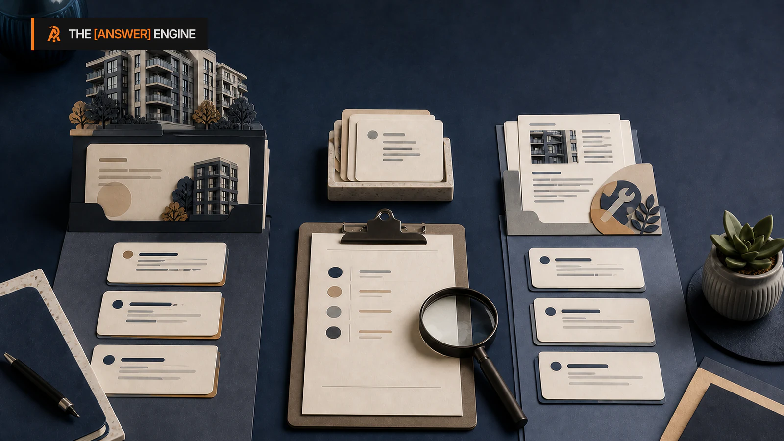 AE branded editorial illustration of a property-management measurement team separating owner-question and renter-question lanes without profiling people or claiming conversions