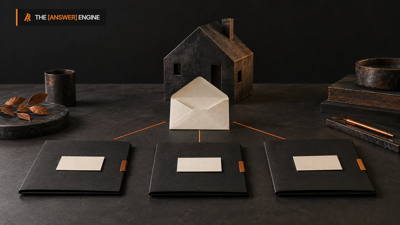 AE-branded editorial illustration of a charcoal model house and an open ivory envelope above three separate square folios with unlabeled cards and thin orange guide lines.