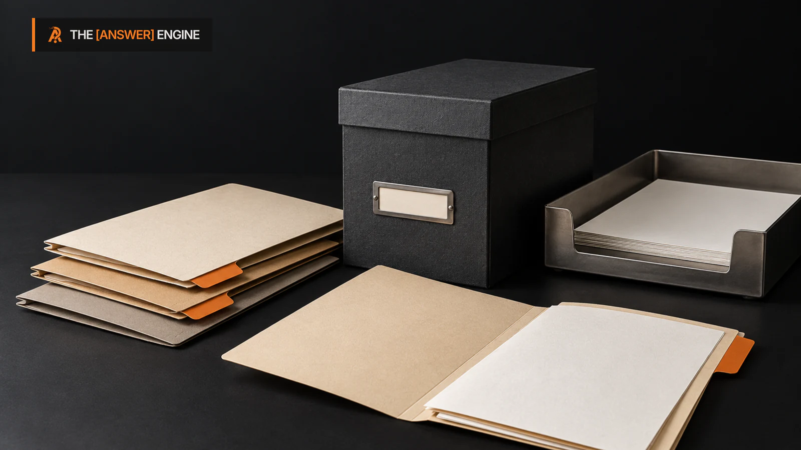 Editorial illustration of organized folders, an archive box and a document tray.