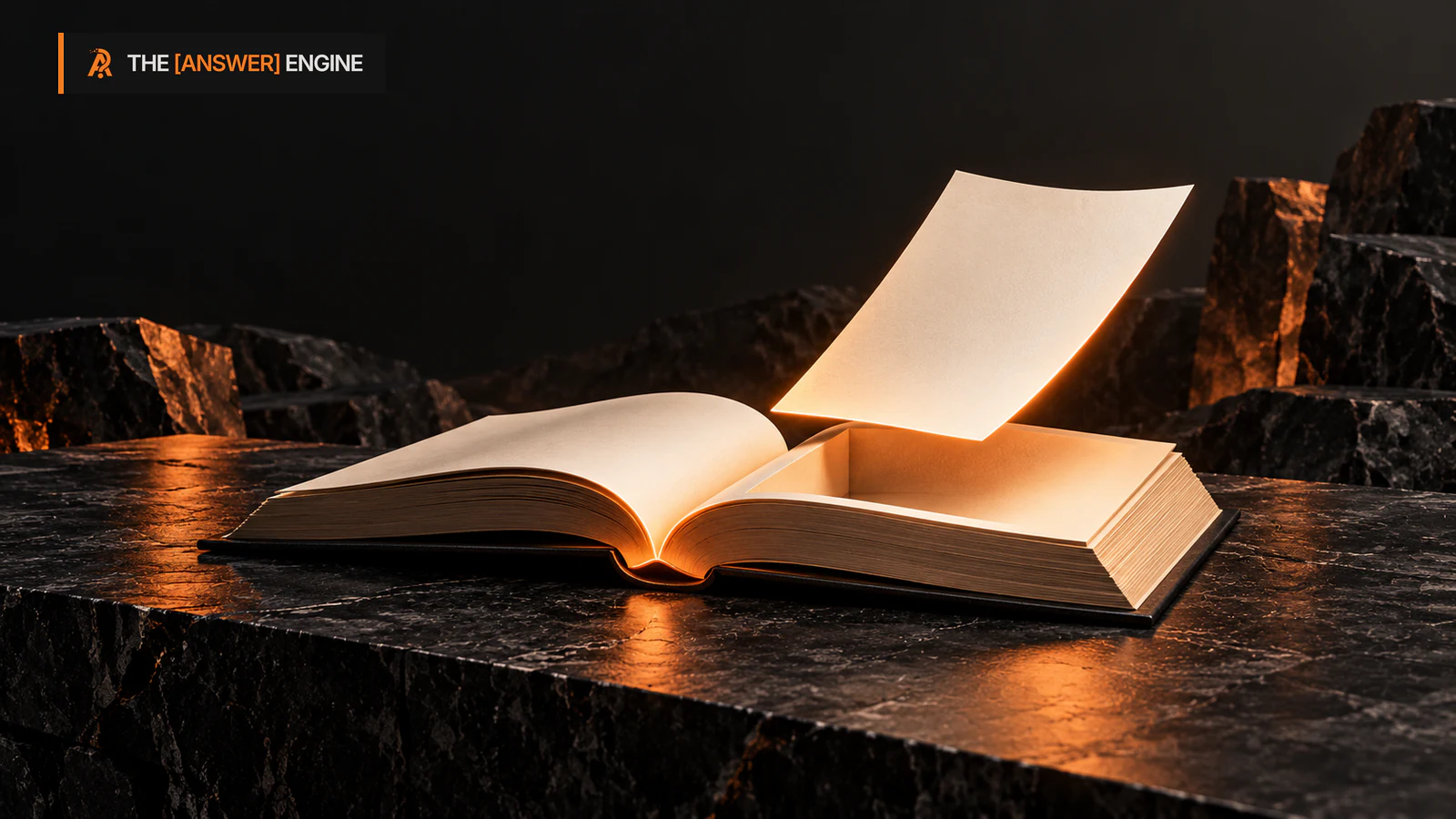 Editorial open book with a lifted blank page and a visible gap, illustrating useful customer answers removed from a website.