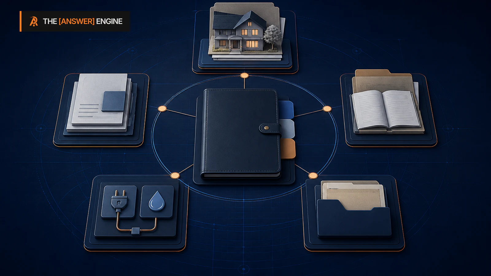 AE branded editorial illustration of a neutral interstate homebuyer move file with separate confirmed-date housing, financing, school, utility, and professional handoff cards