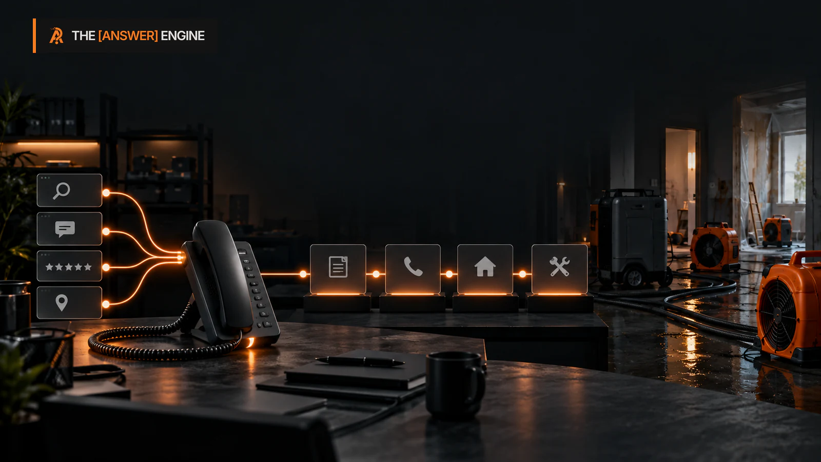 AE branded editorial visualization of a restoration call flowing through intake, assessment, estimate, job, and revenue checkpoints with orange evidence markers