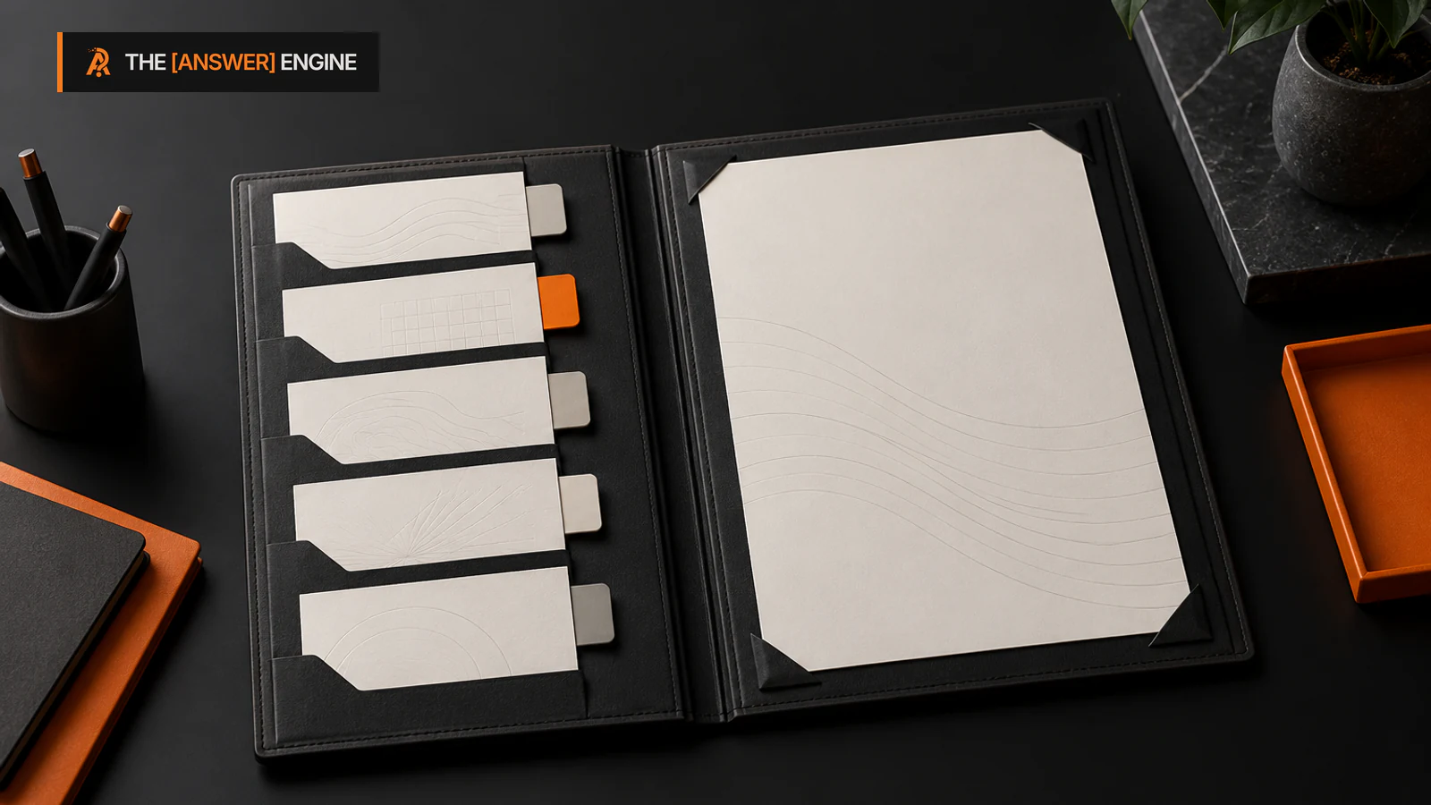 Editorial illustration of an open review portfolio with separate work records.
