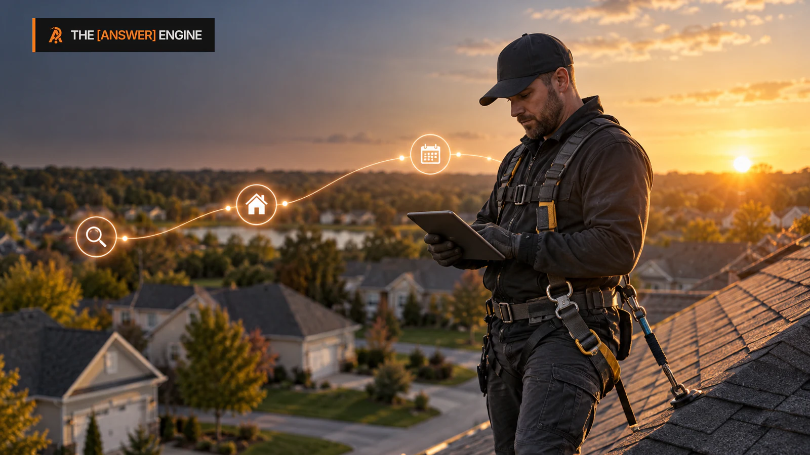 AE branded editorial illustration of a harnessed roofing inspector reviewing an inspection request on a tablet beside a cautious digital inquiry path over a suburban roof