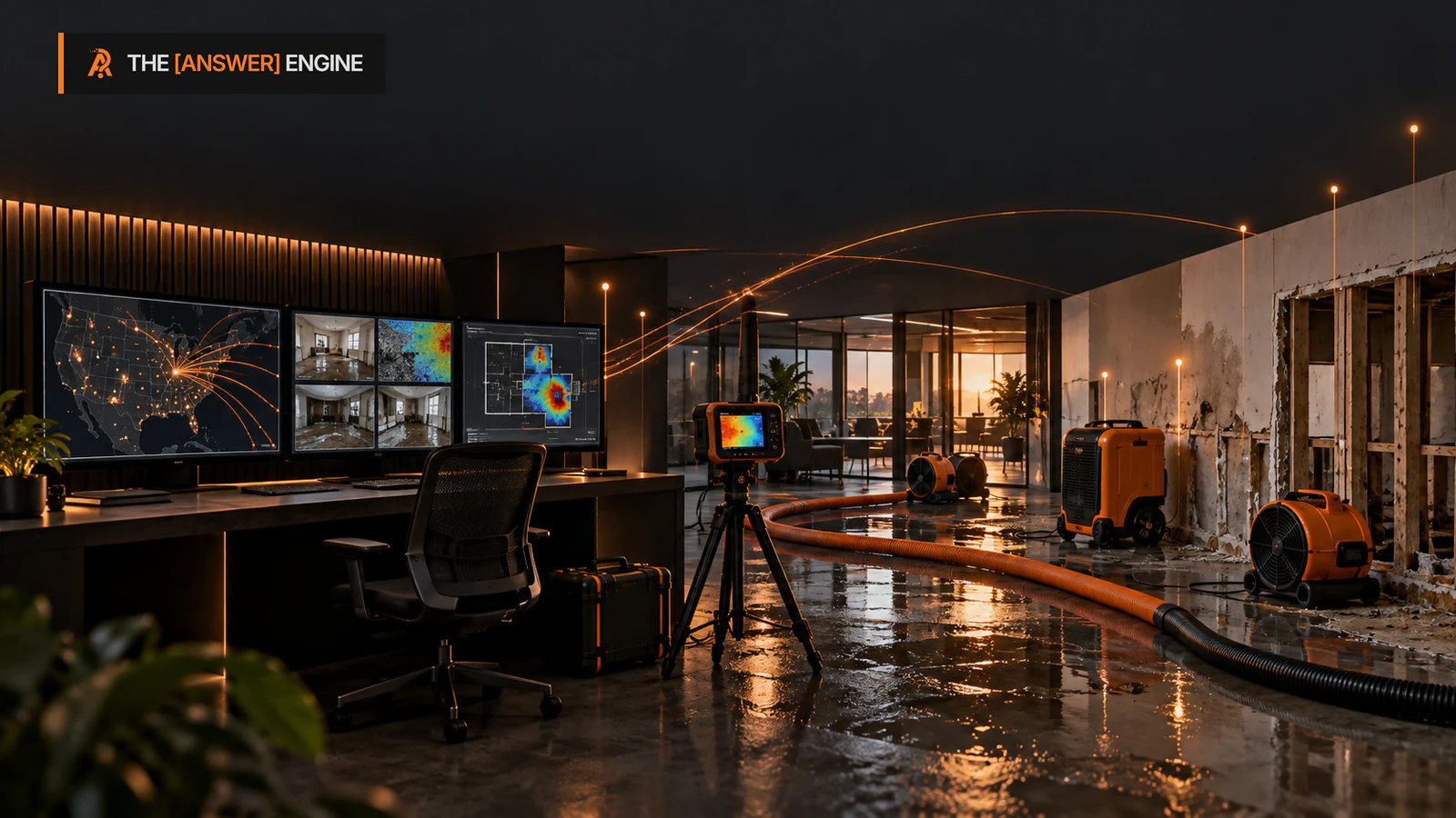 AE branded editorial illustration of a restoration response team assessing a water-damaged commercial interior with diagnostic equipment and orange data signals