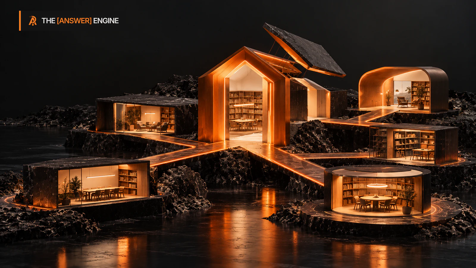 Editorial model of a library with connected rooms and a lifted roof, illustrating the scope of a website redesign review.